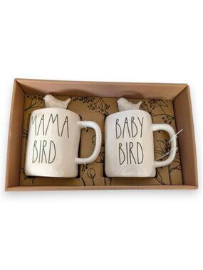 Rae Dunn Ceramic Mug Set - Mama Bird & Baby Bird With Bird Charms - New In Box